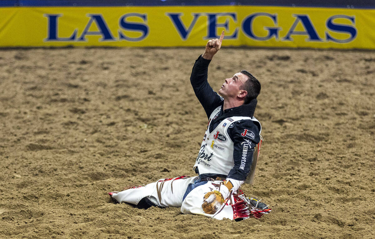 Tim O'Connell is grateful after another successful ride in Bareback Riding during the final day ...