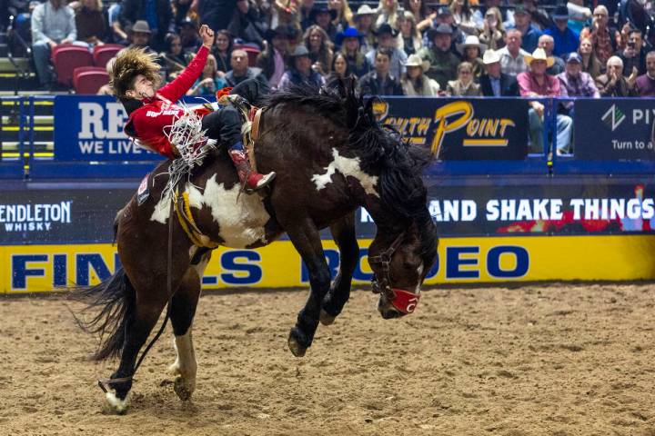 Rocker Steiner rides Nite Faded in Bareback Riding during the final day action of the NFR at th ...