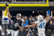 Raiders quarterback Aidan O'Connell (4) throws as Los Angeles Chargers linebacker Tuli Tuipulot ...