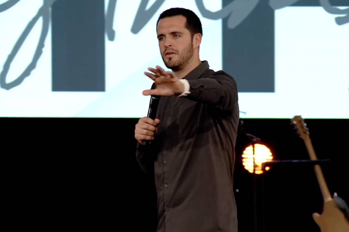 Raiders quarterback Derek Carr serves as a guest speaker during a service at Church LV on Satur ...