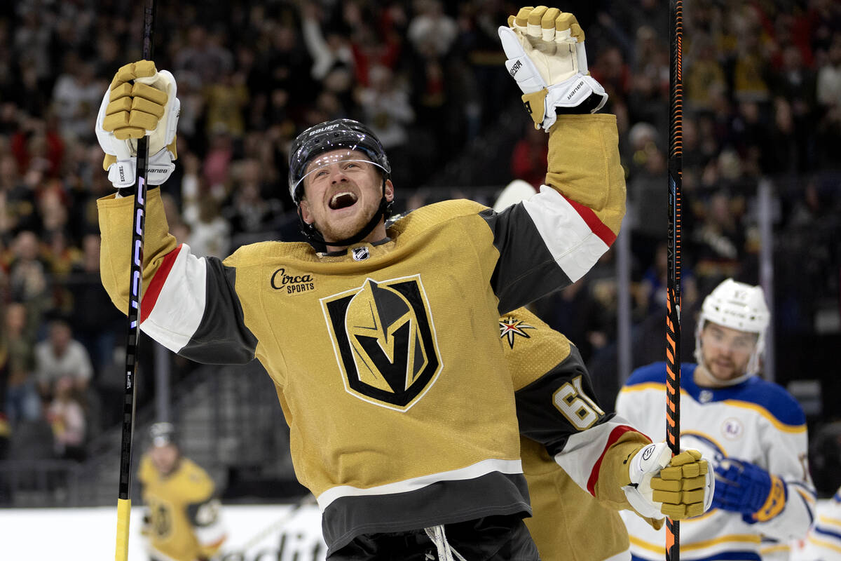 Golden Knights center Jack Eichel (9) celebrates a goal during the third period of an NHL hocke ...