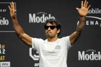 Alex Pantoja reacts during a news conference for the UFC 290 Mixed Martial arts event Thursday, ...