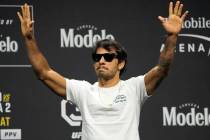 Alex Pantoja reacts during a news conference for the UFC 290 Mixed Martial arts event Thursday, ...