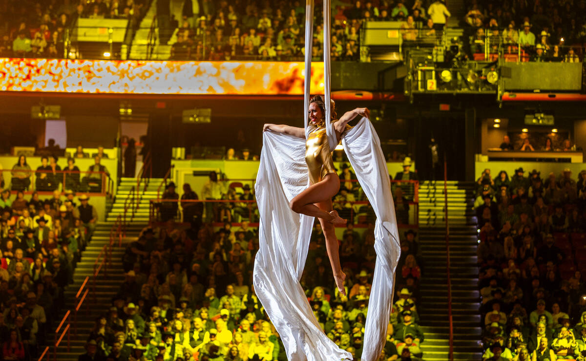 Silk performers entertain the fans during the final day action of the NFR at the Thomas & M ...