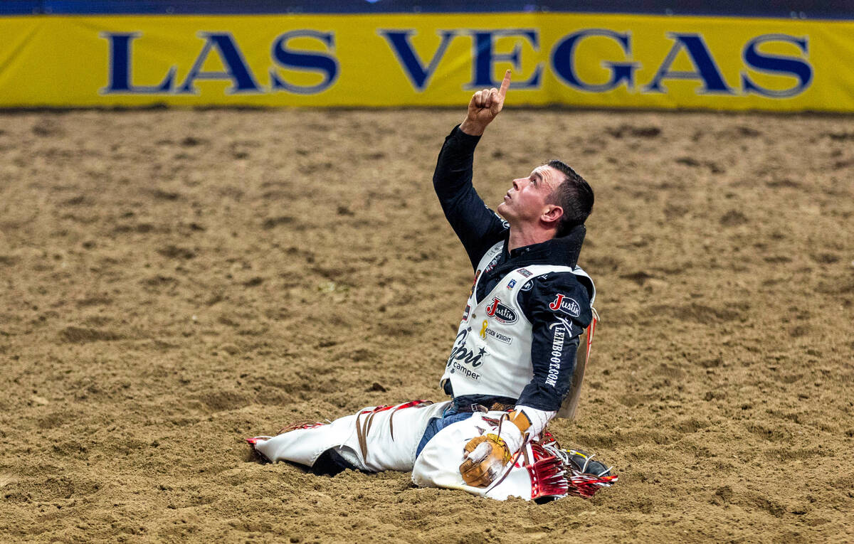 Tim O'Connell is grateful after another successful ride in Bareback Riding during the final day ...