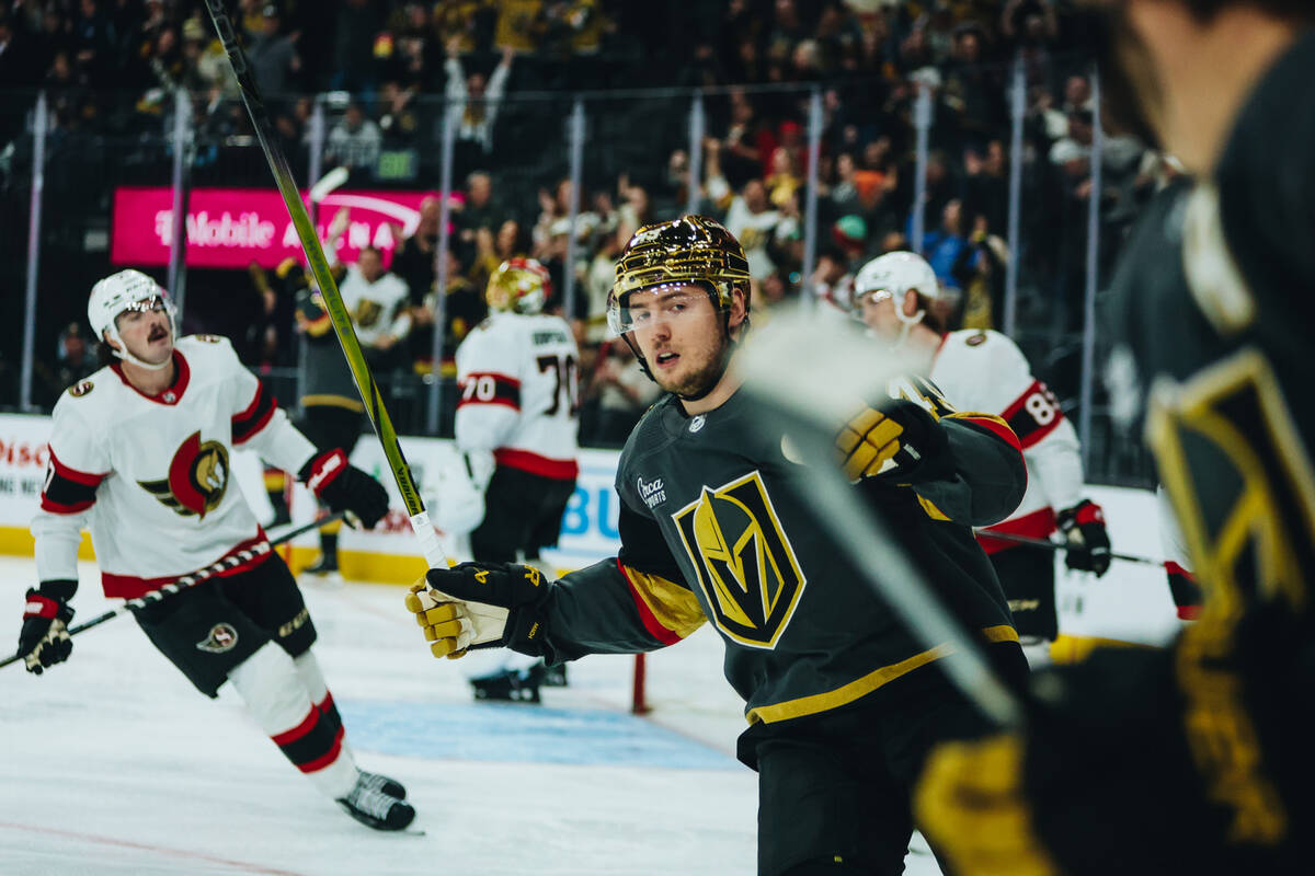 Golden Knights center Ivan Barbashev (49) looks to a teammate during a game against the Ottawa ...