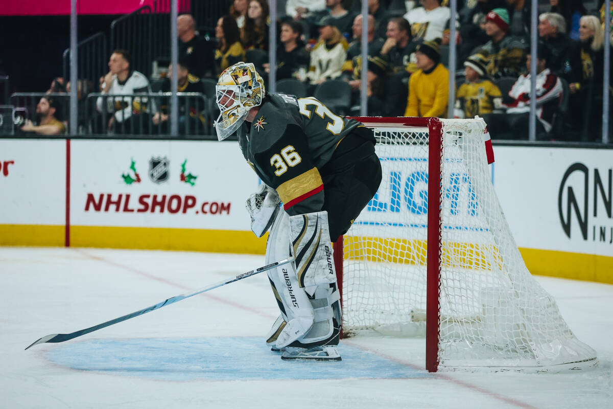 Golden Knights goaltender Logan Thompson (36) watches action from across the ice during a game ...