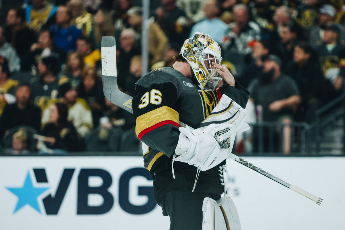 Golden Knights goaltender Logan Thompson (36) rubs his face during a game against the Ottawa Se ...