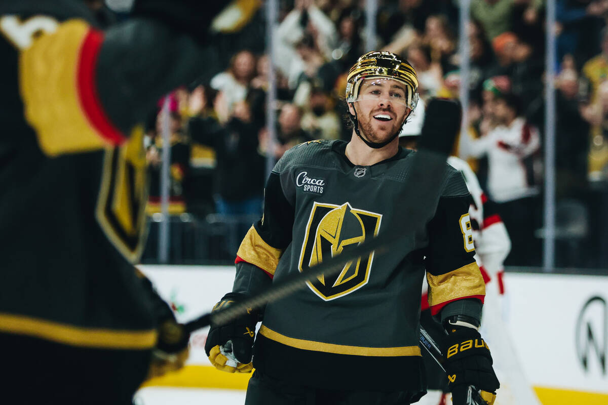 Golden Knights right wing Jonathan Marchessault (81) celebrates a goal during a game against th ...