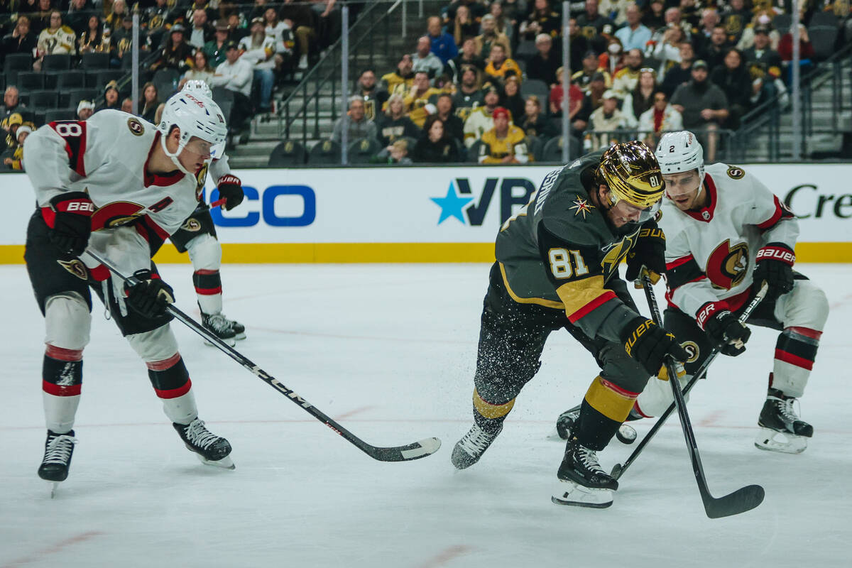 Golden Knights right wing Jonathan Marchessault (81) races with the puck during a game against ...