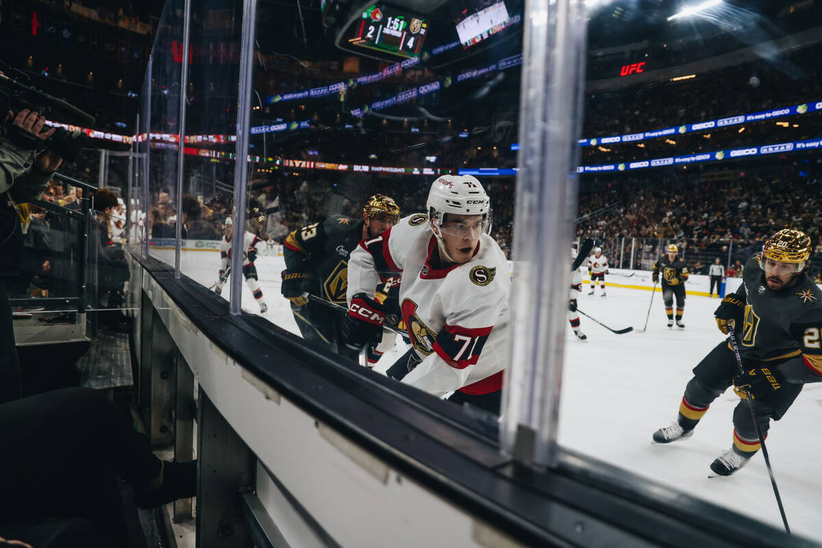 Ottawa Senators center Ridly Greig (71) eyes the puck during a game against the Golden Knights ...