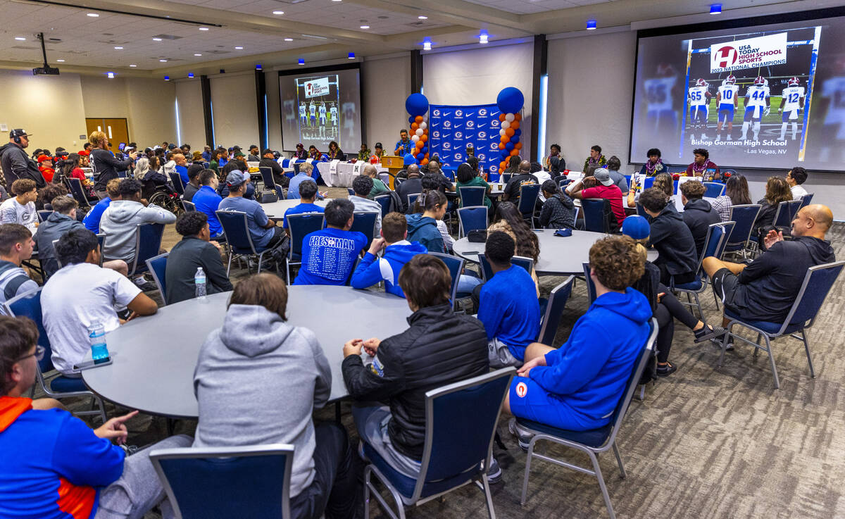 Bishop Gorman head coach Brent Browner talks about each player during a National Signing Day ev ...