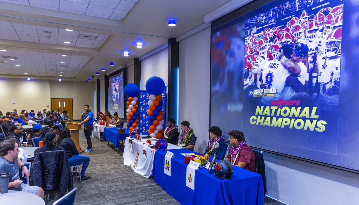 Bishop Gorman head coach Brent Browner talks about each player during a National Signing Day ev ...