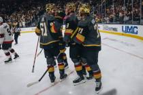 The Golden Knights celebrate a goal during a game against the Ottawa Senators at T-Mobile Arena ...