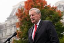 FILE - White House chief of staff Mark Meadows speaks with reporters at the White House, Wednes ...
