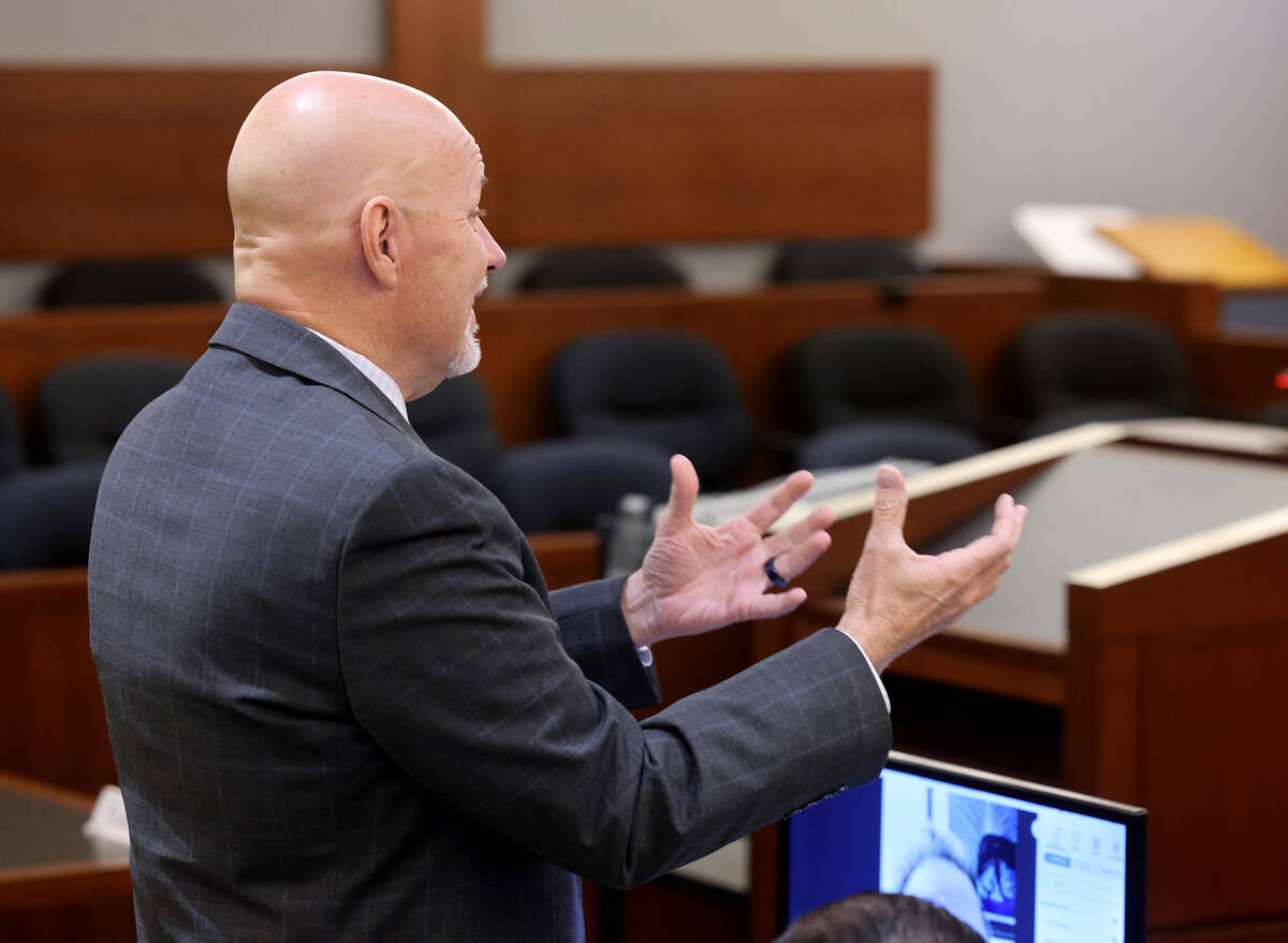 Attorney Jeffrey Galliher, who represents the City of Las Vegas, argues in court during a heari ...