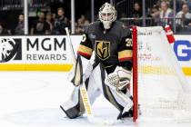 Vegas Golden Knights goaltender Jiri Patera watches the action during the third period of an NH ...