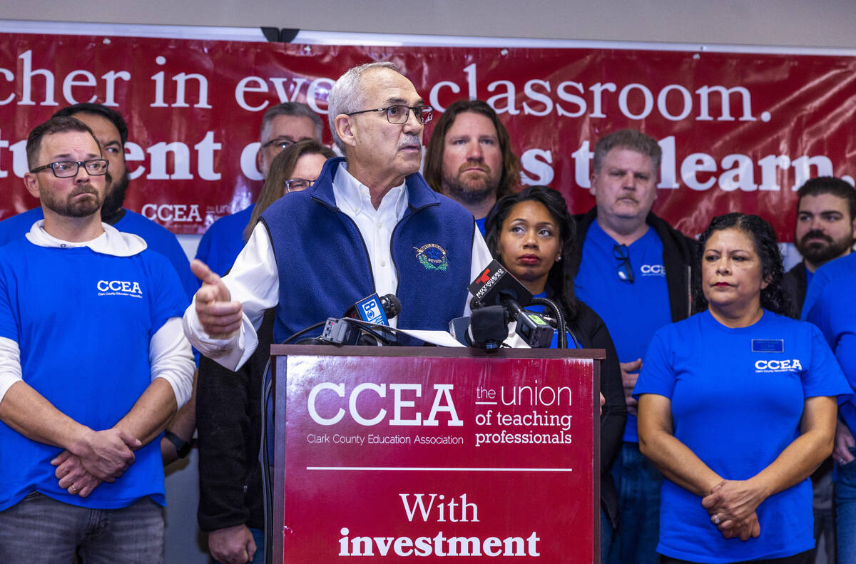 John Vellardita, executive director of the Clark County Education Association, leads a news con ...