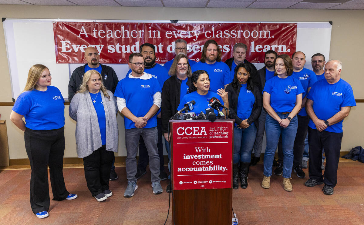 Marie Neisess, president of the Clark County Education Association, speaks during a news confer ...