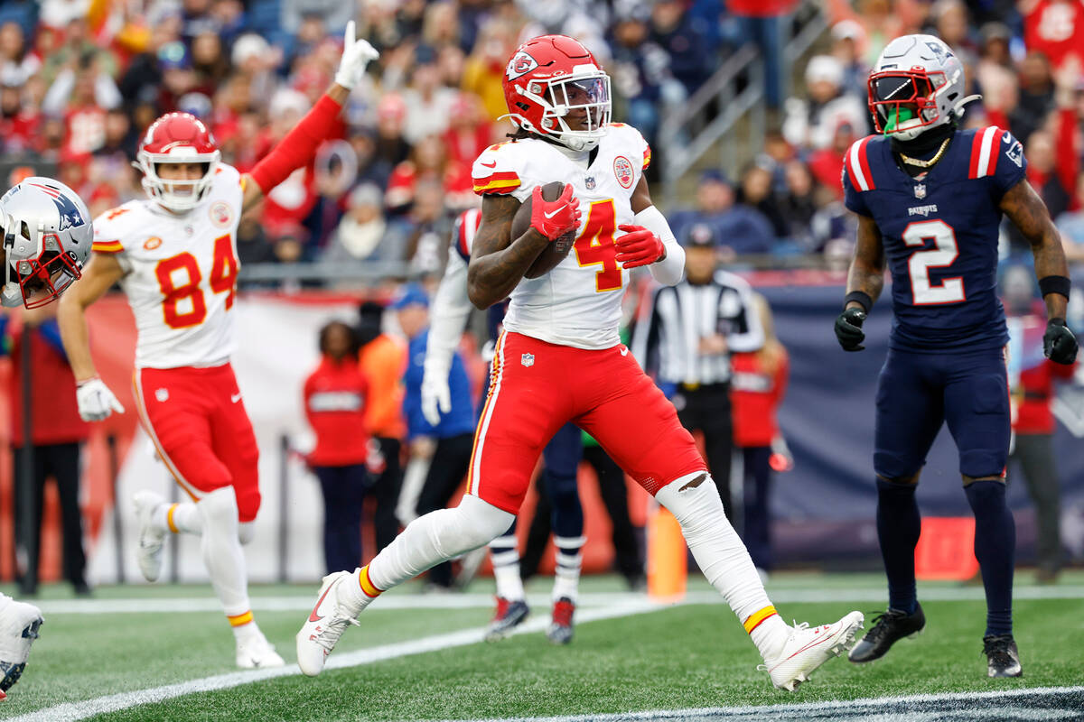 Kansas City Chiefs wide receiver Rashee Rice (4) steps into the end zone for a touchdown during ...