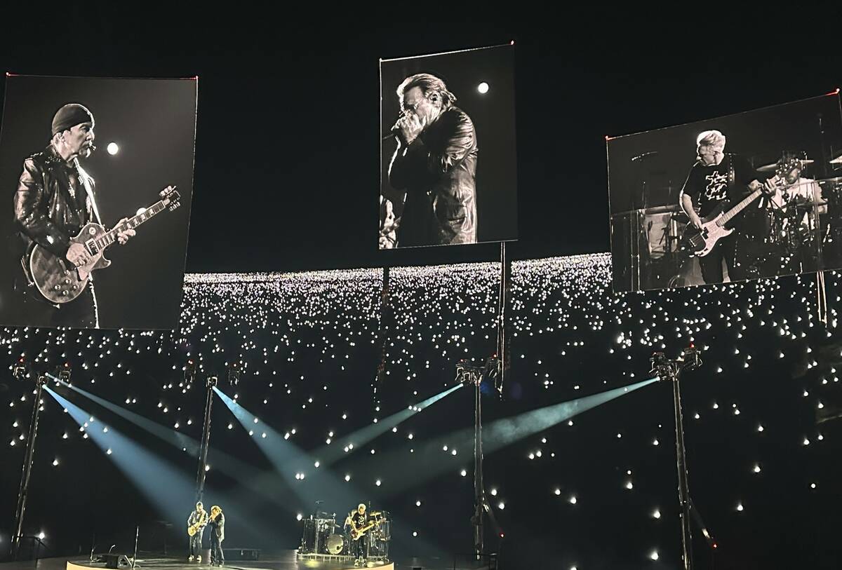 U2 is shown during the premiere of "U2 UV: Achtung Baby" at the Sphere on Friday, Sept. 29, 202 ...