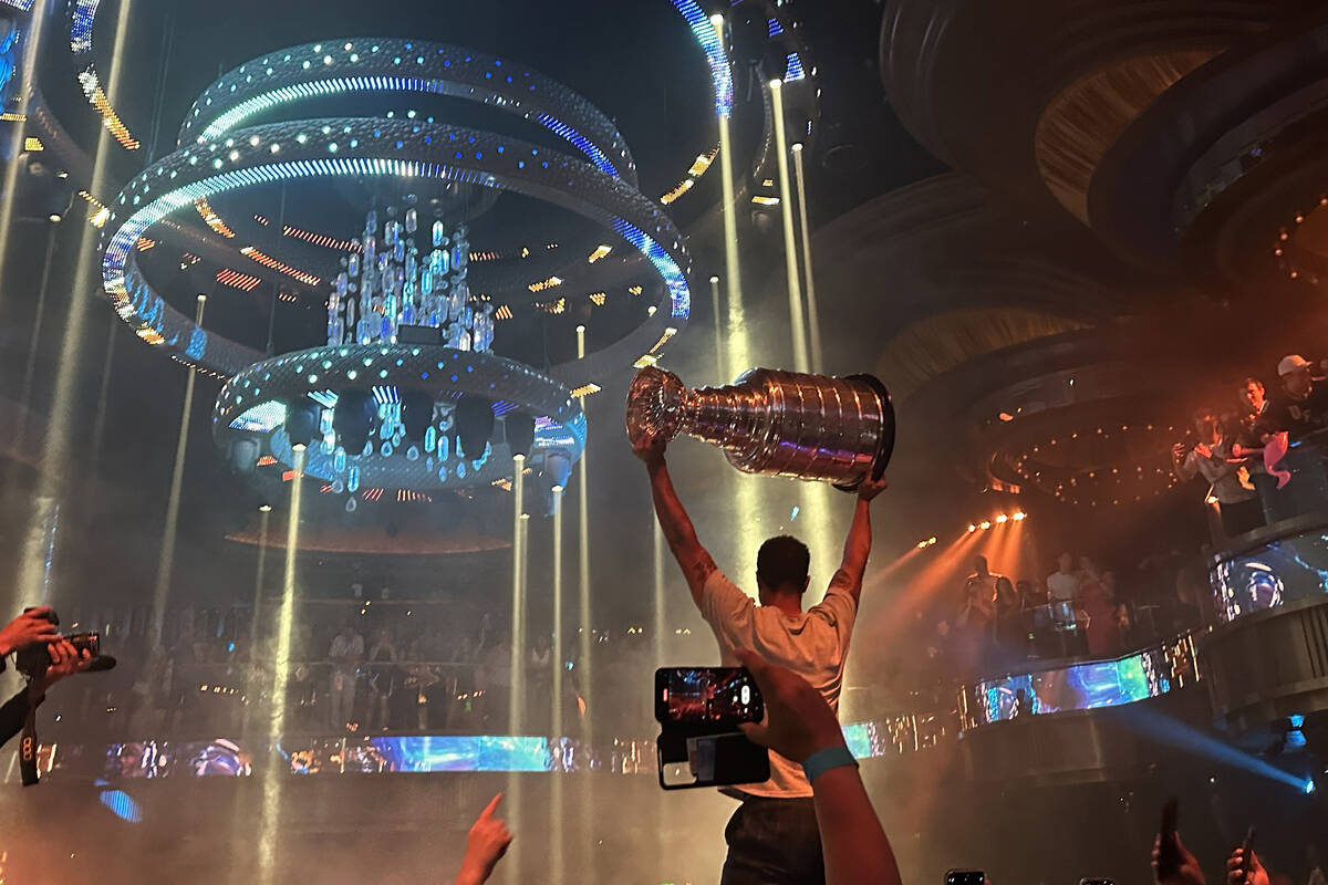 Reilly Smith holds aloft the Stanley Cup at Omnia at Caesars Palace after the Vegas Golden Knig ...