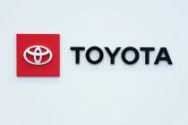 The Toyota logo is seen, Sept. 13, 2023, at the North American International Auto Show in Detro ...