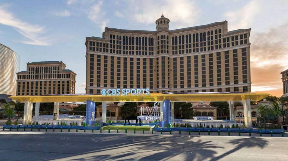 A rendering shows a possible stage setup on the Fountains of Bellagio in Las Vegas for Super Bo ...