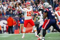 Kansas City Chiefs quarterback Patrick Mahomes (15) makes a pass during the first half of an NF ...