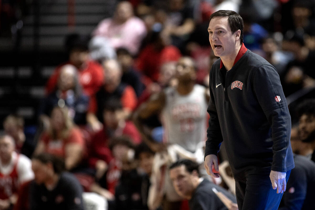 UNLV Rebels head coach Kevin Kruger shouts from the sidelines during the first half of an NCAA ...