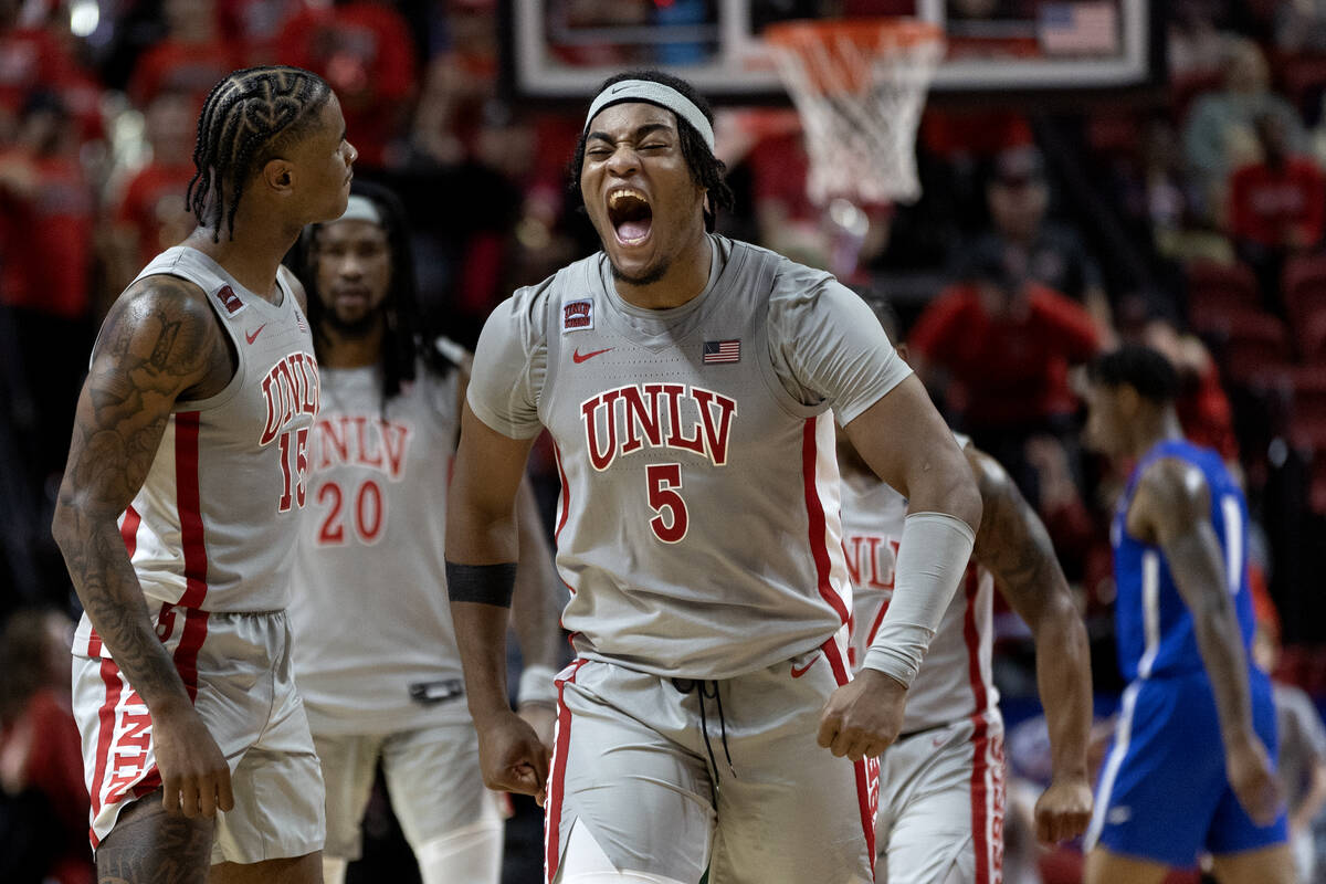 UNLV Rebels forward Rob Whaley Jr. (5) celebrates after a scoring run during the second half of ...