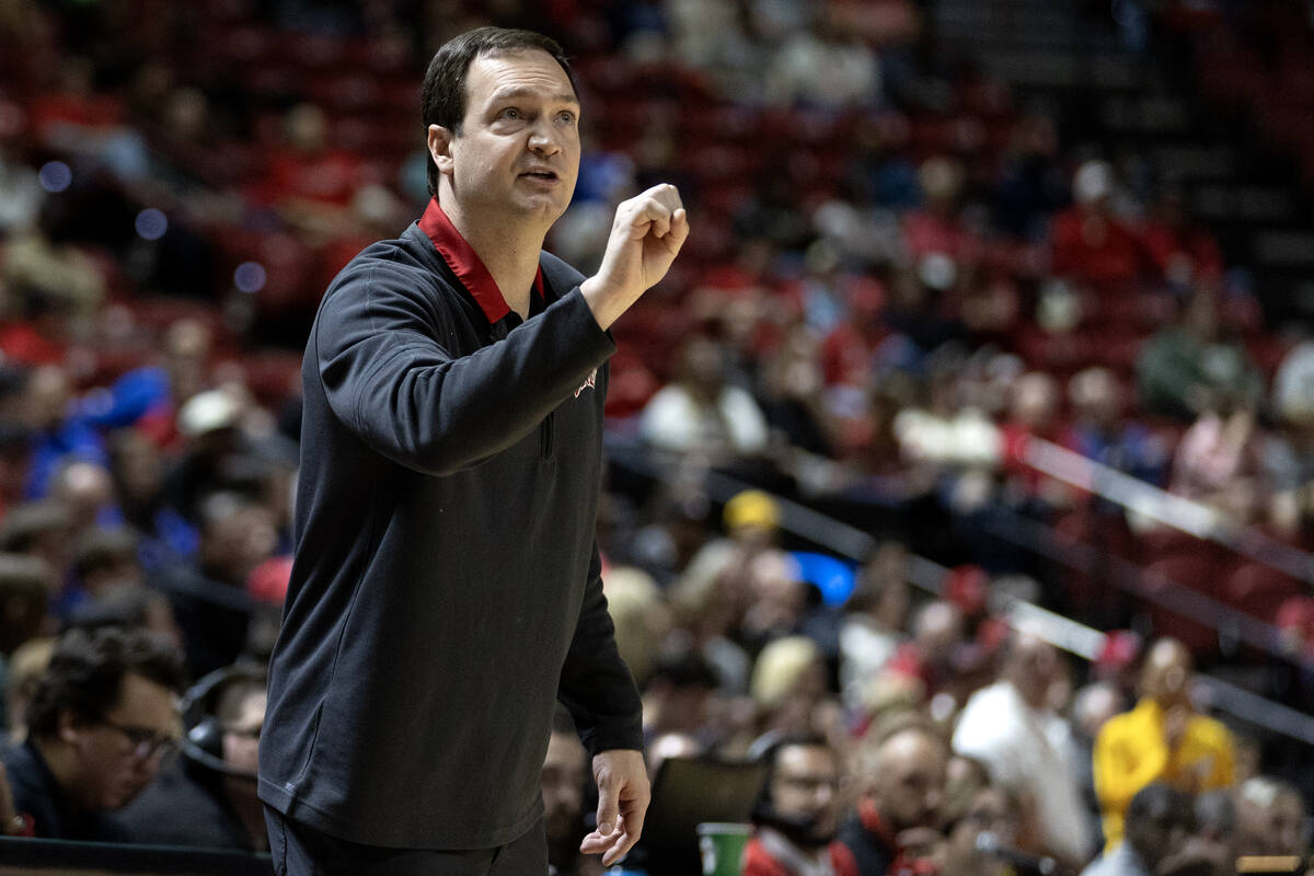 UNLV Rebels head coach Kevin Kruger shouts from the sidelines during the second half of an NCAA ...