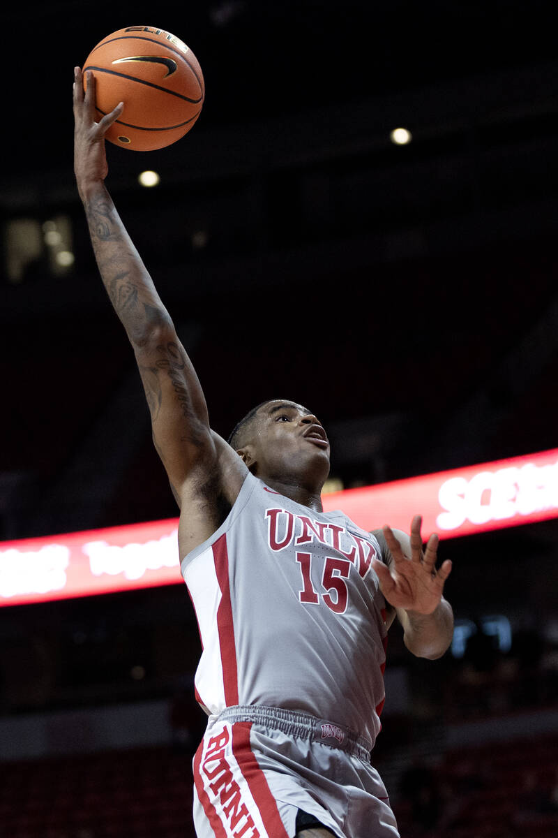 UNLV Rebels guard Luis Rodriguez (15) jumps to shoot during the second half of an NCAA college ...