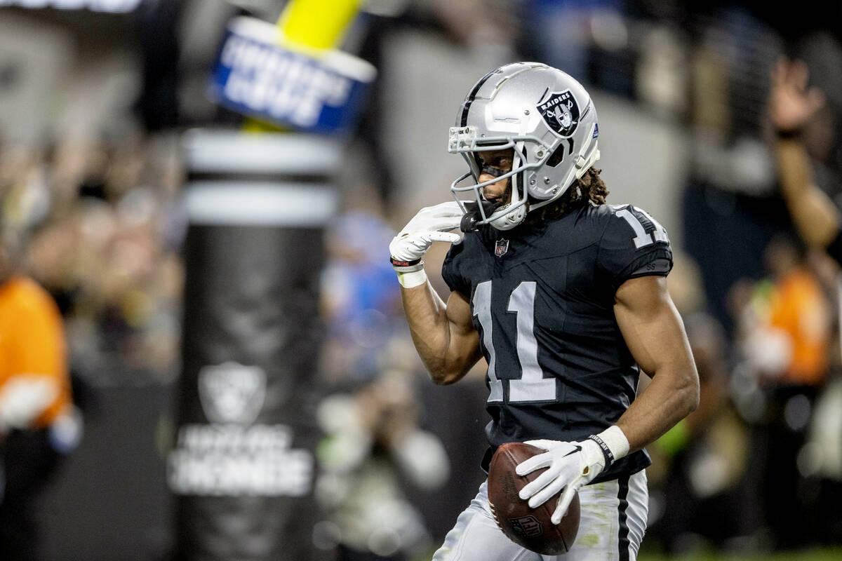 Raiders wide receiver Tre Tucker (11) makes a catch during the first half of an NFL game agains ...