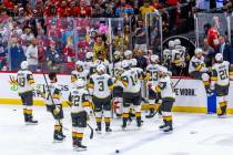 Golden Knights players are congratulated by their fans after their 3-2 win against the Florida ...