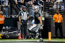 Raiders tight end Michael Mayer (87) scores a touchdown during the first half of an NFL game ag ...