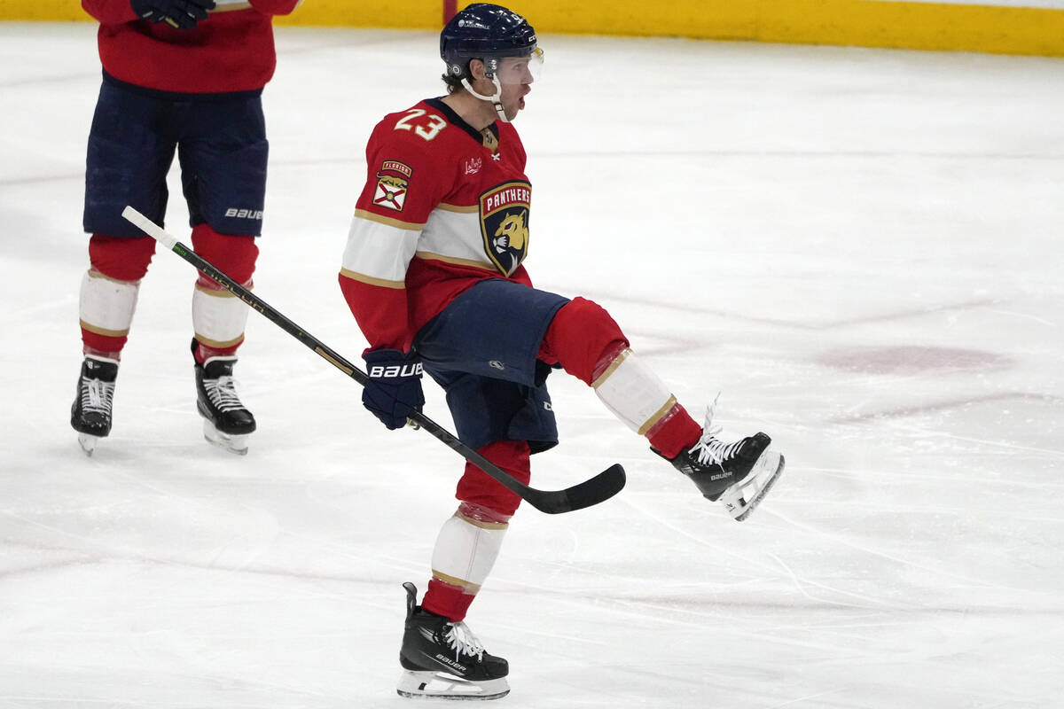 Florida Panthers center Carter Verhaeghe celebrates after scoring a goal during the third perio ...