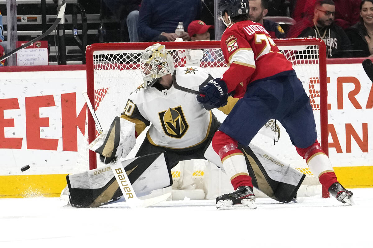 Vegas Golden Knights goaltender Jiri Patera (30) defends the goal against Florida Panthers cent ...