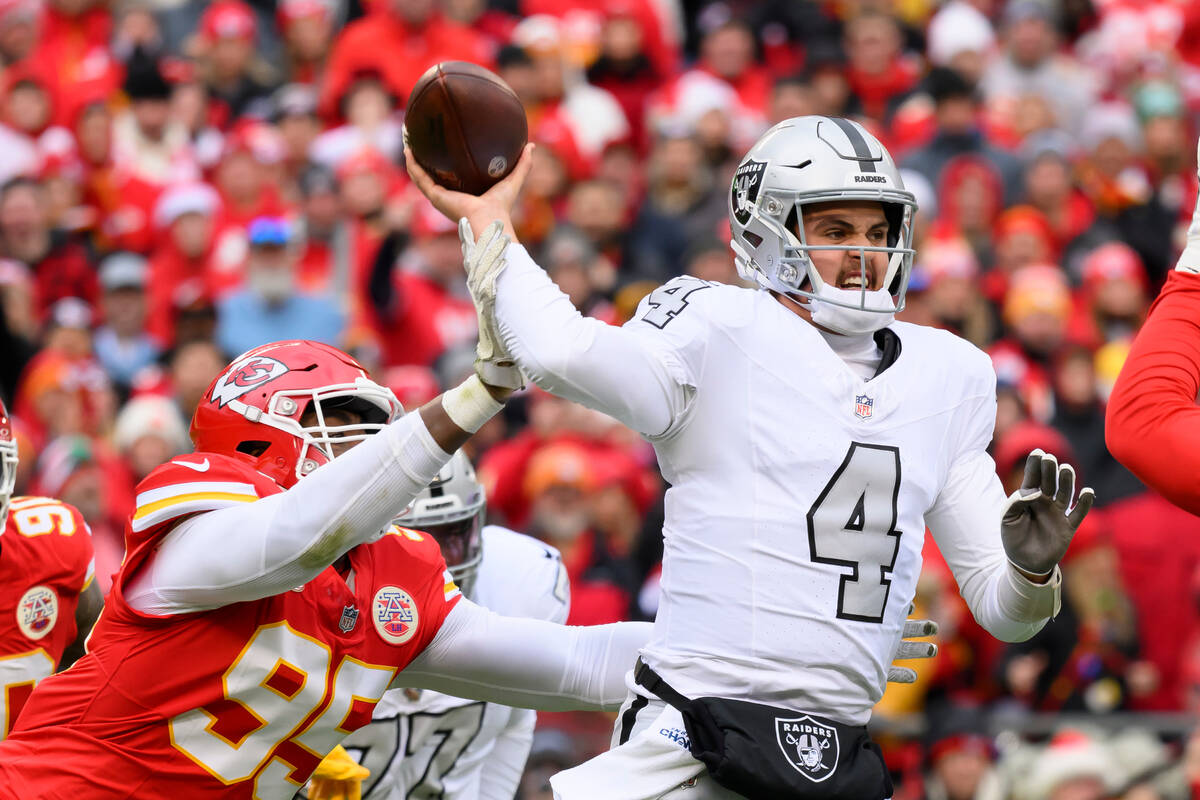 Kansas City Chiefs defensive tackle Chris Jones (95) pressures Las Vegas Raiders quarterback Ai ...