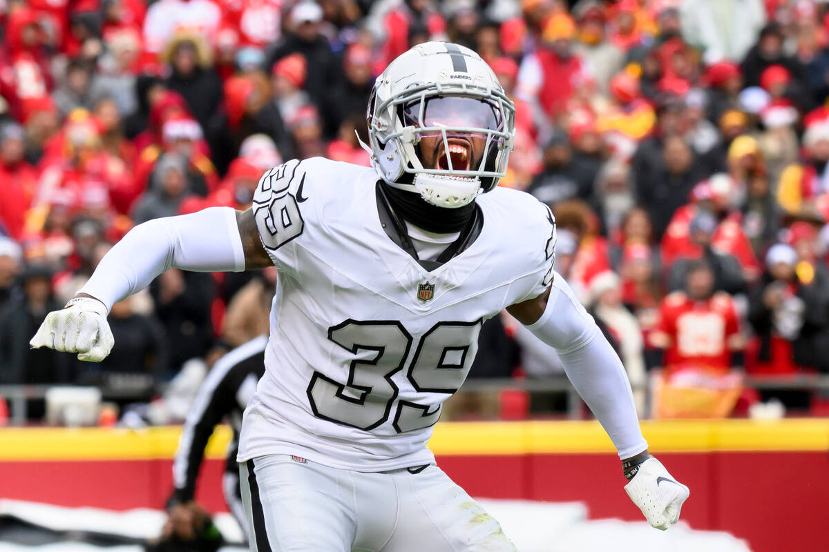 Las Vegas Raiders cornerback Nate Hobbs celebrates a defensive stop against the Kansas City Chi ...