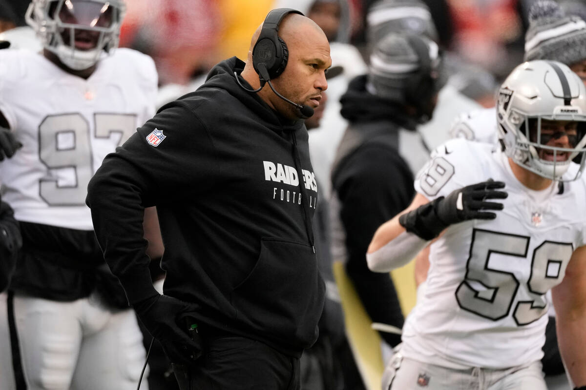 Las Vegas Raiders interim head coach Antonio Pierce watches from the sidelines during the first ...