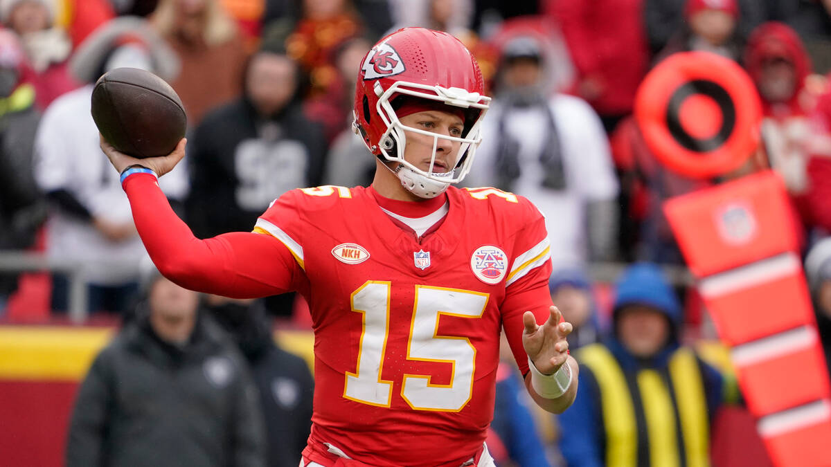 Kansas City Chiefs quarterback Patrick Mahomes throws during the first half of an NFL football ...