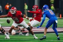UNLV place kicker Jose Pizano (18) kicks the ball for a field goal during the Mountain West cha ...