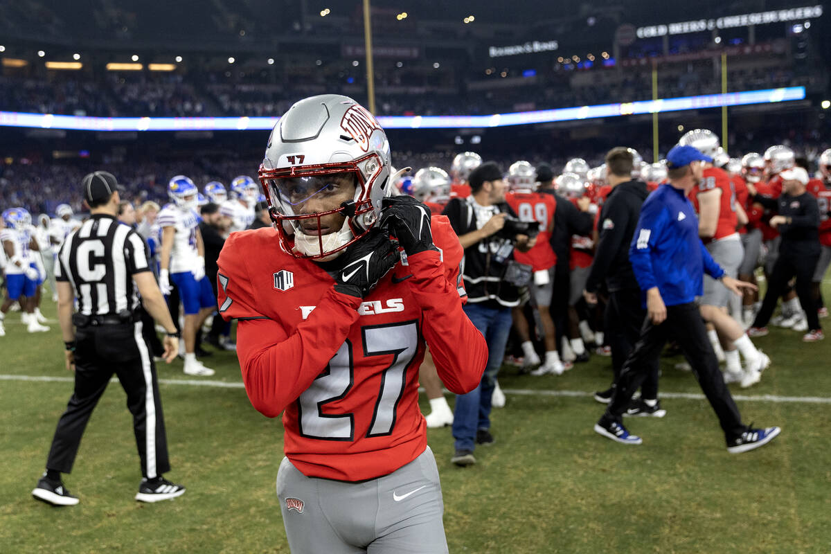 UNLV Rebels defensive back BJ Harris (27) walks away from a fight that broke out against Kansas ...