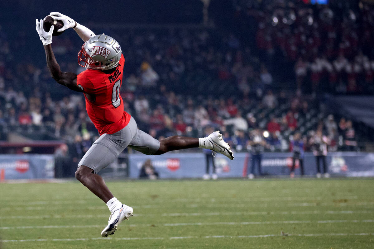 UNLV Rebels wide receiver Senika McKie (0) jumps to catch the ball during the first half of the ...