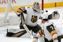 The puck gets past Vegas Golden Knights goaltender Jiri Patera (30) on a goal scored by Florida ...