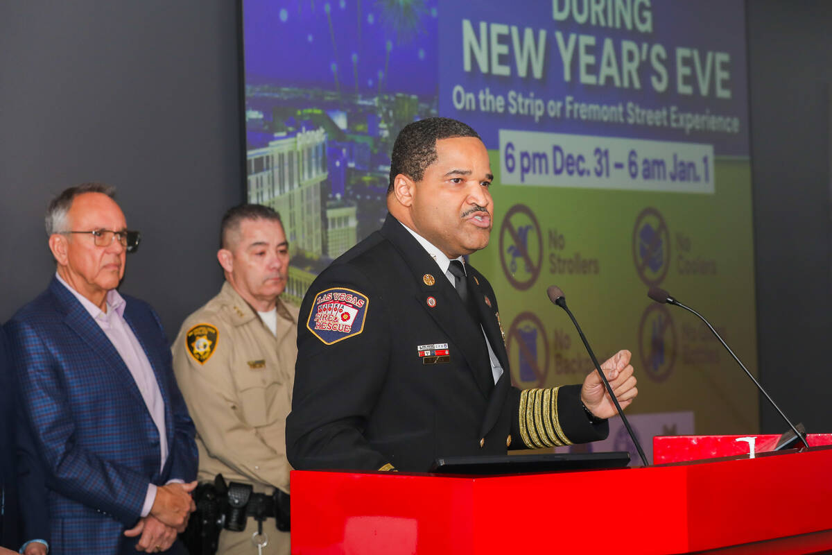 Chief of Las Vegas Fire & Rescue Fernando Gray speaks during the New Year's Eve Safety 2023 ...
