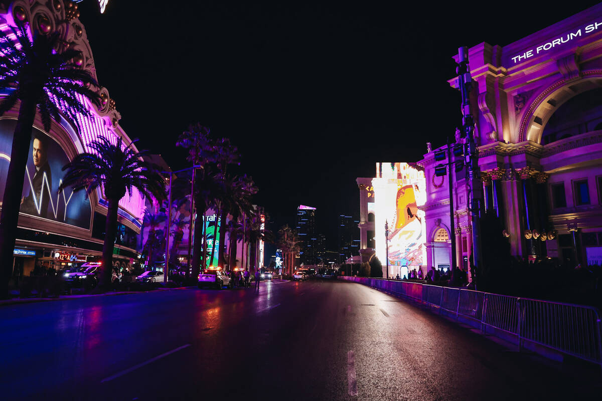No cars are seen on the Strip during road closures to allow for pedestrians to walk to the stre ...