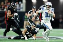 Indianapolis Colts quarterback Gardner Minshew (10) runs the ball against the Atlanta Falcons d ...