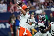 Cleveland Browns quarterback Joe Flacco (15) passes during the first half of an NFL football ga ...